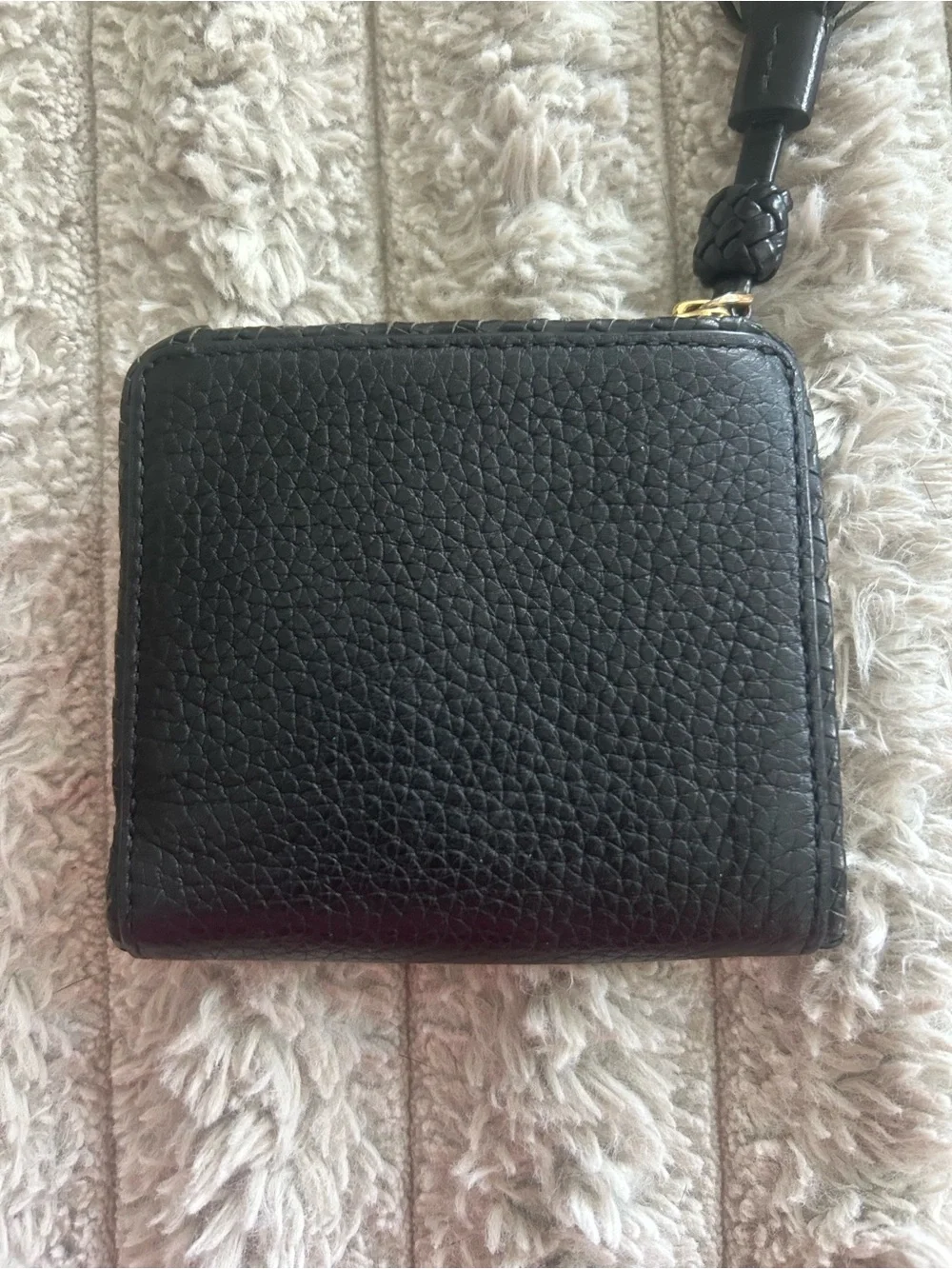 Tory Burch Black Pebbled Leather Bifold Wallet Tassel Gold Hardware